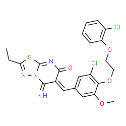 ChemSpider 2D Image | (6Z)-6-{3-Chloro-4-[2-(2-chlorophenoxy)ethoxy]-5-methoxybenzylidene}-2-ethyl-5-imino-5,6-dihydro-7H-[1,3,4]thiadiazolo[3,2-a]pyrimidin-7-one | C23H20Cl2N4O4S