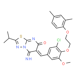 ChemSpider 2D Image | (6Z)-6-{3-Chloro-4-[2-(2,4-dimethylphenoxy)ethoxy]-5-methoxybenzylidene}-5-imino-2-isopropyl-5,6-dihydro-7H-[1,3,4]thiadiazolo[3,2-a]pyrimidin-7-one | C26H27ClN4O4S