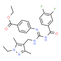 ChemSpider 2D Image | Ethyl 4-[(E)-([(3,4-difluorobenzoyl)amino]{[(1-ethyl-3,5-dimethyl-1H-pyrazol-4-yl)methyl]amino}methylene)amino]benzoate | C25H27F2N5O3