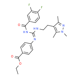 ChemSpider 2D Image | Ethyl 4-[(Z)-([(3,4-difluorobenzoyl)amino]{[2-(1,3,5-trimethyl-1H-pyrazol-4-yl)ethyl]amino}methylene)amino]benzoate | C25H27F2N5O3