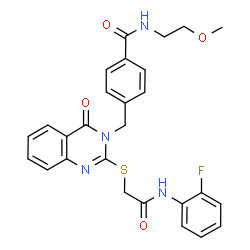 ChemSpider 2D Image | 4-{[2-({2-[(2-Fluorophenyl)amino]-2-oxoethyl}sulfanyl)-4-oxo-3(4H)-quinazolinyl]methyl}-N-(2-methoxyethyl)benzamide | C27H25FN4O4S