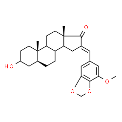 ChemSpider 2D Image | (5alpha,8xi,9xi,14xi,16E)-3-Hydroxy-16-[(7-methoxy-1,3-benzodioxol-5-yl)methylene]androstan-17-one | C28H36O5