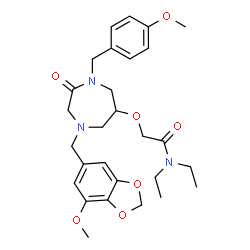 ChemSpider 2D Image | N,N-Diethyl-2-({4-[(7-methoxy-1,3-benzodioxol-5-yl)methyl]-1-(4-methoxybenzyl)-2-oxo-1,4-diazepan-6-yl}oxy)acetamide | C28H37N3O7