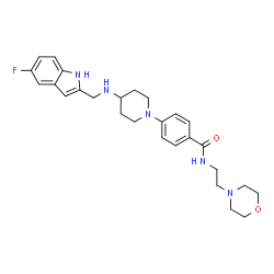 ChemSpider 2D Image | 4-(4-{[(5-Fluoro-1H-indol-2-yl)methyl]amino}-1-piperidinyl)-N-[2-(4-morpholinyl)ethyl]benzamide | C27H34FN5O2