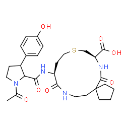 ChemSpider 2D Image | (8R,13S)-13-{[1-Acetyl-3-(4-hydroxyphenyl)prolyl]amino}-6,14-dioxo-10-thia-7,15-diazaspiro[4.12]heptadecane-8-carboxylic acid | C28H38N4O7S