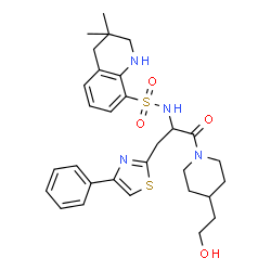 ChemSpider 2D Image | N-{1-[4-(2-Hydroxyethyl)-1-piperidinyl]-1-oxo-3-(4-phenyl-1,3-thiazol-2-yl)-2-propanyl}-3,3-dimethyl-1,2,3,4-tetrahydro-8-quinolinesulfonamide | C30H38N4O4S2