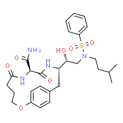 ChemSpider 2D Image | (8S,11S)-11-{(1R)-1-Hydroxy-2-[(3-methylbutyl)(phenylsulfonyl)amino]ethyl}-6,9-dioxo-2-oxa-7,10-diazabicyclo[11.2.2]heptadeca-1(15),13,16-triene-8-carboxamide | C28H38N4O7S