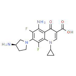 ChemSpider 2D Image | 5-Amino-7-[(3R)-3-amino-1-pyrrolidinyl]-1-cyclopropyl-6,8-difluoro-4-oxo-1,4-dihydro-3-quinolinecarboxylic acid | C17H18F2N4O3