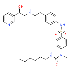 ChemSpider 2D Image | 4-[(Hexylcarbamoyl)(methyl)amino]-N-[4-(2-{[(2R)-2-hydroxy-2-(3-pyridinyl)ethyl]amino}ethyl)phenyl]benzenesulfonamide | C29H39N5O4S
