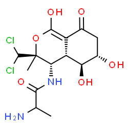 ChemSpider 2D Image | N-[(3S,4S,4aS,5S,6S)-3-(Dichloromethyl)-1,5,6-trihydroxy-3-methyl-8-oxo-4,4a,5,6,7,8-hexahydro-3H-isochromen-4-yl]alaninamide | C14H20Cl2N2O6