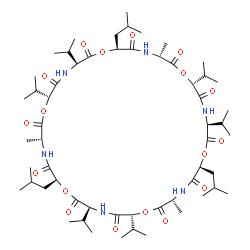 ChemSpider 2D Image | (3R,6S,9S,12R,15R,18S,21S,24R,27R,30S,33S,36R)-6,18,30-Triisobutyl-9,12,21,24,33,36-hexaisopropyl-3,15,27-trimethyl-1,7,13,19,25,31-hexaoxa-4,10,16,22,28,34-hexaazacyclohexatriacontane-2,5,8,11,14,17,
20,23,26,29,32,35-dodecone | C57H96N6O18