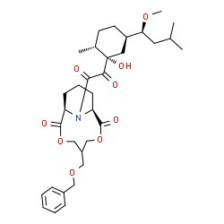 ChemSpider 2D Image | (1R,9S)-5-[(Benzyloxy)methyl]-13-[{(1S,2R,5R)-1-hydroxy-5-[(1S)-1-methoxy-3-methylbutyl]-2-methylcyclohexyl}(oxo)acetyl]-3,7-dioxa-13-azabicyclo[7.3.1]tridecane-2,8-dione | C33H47NO9