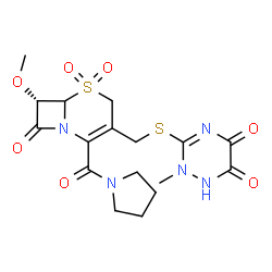 ChemSpider 2D Image | 3-({[(7S)-7-Methoxy-5,5-dioxido-8-oxo-2-(1-pyrrolidinylcarbonyl)-5-thia-1-azabicyclo[4.2.0]oct-2-en-3-yl]methyl}sulfanyl)-2-methyl-1,2-dihydro-1,2,4-triazine-5,6-dione | C17H21N5O7S2