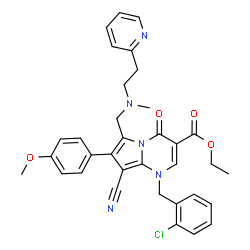 ChemSpider 2D Image | Ethyl 1-(2-chlorobenzyl)-8-cyano-7-(4-methoxyphenyl)-6-({methyl[2-(2-pyridinyl)ethyl]amino}methyl)-4-oxo-1,4-dihydropyrrolo[1,2-a]pyrimidine-3-carboxylate | C34H32ClN5O4