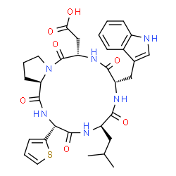 ChemSpider 2D Image | Cyclo[L-alpha-aspartyl-D-prolyl-(2R)-2-(2-thienyl)glycyl-D-leucyl-L-tryptophyl] | C32H38N6O7S