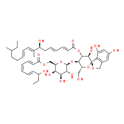ChemSpider 2D Image | (1S,3'R,4'R,5'R,6'R)-3',5,7-trihydroxy-5'-({6-O-[(2E,4Z,6E)-8-hydroxydeca-2,4,6-trienoyl]-beta-D-galactopyranosyl}oxy)-6'-(hydroxymethyl)-3',4',5',6'-tetrahydro-3H-spiro[2-benzofuran-1,2'-pyran]-4'-yl (2E,4E,7S,8E,10E)-7-hydroxy-8,14-dimethylhexadeca-2,4,8,10-tetraenoate | C47H64O17