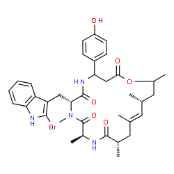 ChemSpider 2D Image | (7R,10S,13S,15E,17R)-7-[(2-Bromo-1H-indol-3-yl)methyl]-4-(4-hydroxyphenyl)-8,10,13,15,17,19-hexamethyl-1-oxa-5,8,11-triazacyclononadec-15-ene-2,6,9,12-tetrone | C36H45BrN4O6