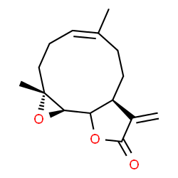 ChemSpider 2D Image | (1aR,4Z,7aS,10bR)-1a,5-Dimethyl-8-methylene-2,3,6,7,7a,8,10a,10b-octahydrooxireno[9,10]cyclodeca[1,2-b]furan-9(1aH)-one | C15H20O3