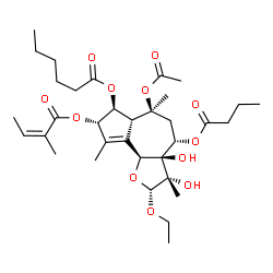 ChemSpider 2D Image | (2R,3S,3aR,4S,6S,6aR,7S,8S,9bS)-6-Acetoxy-4-(butyryloxy)-2-ethoxy-3,3a-dihydroxy-3,6,9-trimethyl-8-{[(2Z)-2-methyl-2-butenoyl]oxy}-2,3,3a,4,5,6,6a,7,8,9b-decahydroazuleno[4,5-b]furan-7-yl hexanoate | C34H52O12