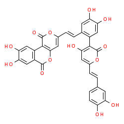 ChemSpider 2D Image | 3-[(E)-2-(2-{6-[(E)-2-(3,4-Dihydroxyphenyl)vinyl]-4-hydroxy-2-oxo-2H-pyran-3-yl}-4,5-dihydroxyphenyl)vinyl]-8,9-dihydroxy-1H,6H-pyrano[4,3-c]isochromene-1,6-dione | C33H20O13