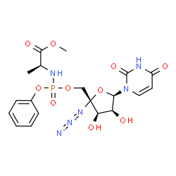 ChemSpider 2D Image | Methyl (2S)-2-{[{[(2R,3R,4S,5R)-2-azido-5-(2,4-dioxo-3,4-dihydro-1(2H)-pyrimidinyl)-3,4-dihydroxytetrahydro-2-furanyl]methoxy}(phenoxy)phosphoryl]amino}propanoate | C19H23N6O10P