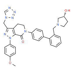 ChemSpider 2D Image | 6-(2'-{[(3R)-3-Hydroxy-1-pyrrolidinyl]methyl}-4-biphenylyl)-1-(4-methoxyphenyl)-3-(1H-tetrazol-1-ylmethyl)-1,4,5,6-tetrahydro-7H-pyrazolo[3,4-c]pyridin-7-one | C32H32N8O3