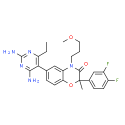 ChemSpider 2D Image | 6-(2,4-Diamino-6-ethyl-5-pyrimidinyl)-2-(3,4-difluorophenyl)-4-(3-methoxypropyl)-2-methyl-2H-1,4-benzoxazin-3(4H)-one | C25H27F2N5O3