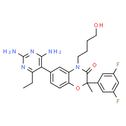ChemSpider 2D Image | 6-(2,4-Diamino-6-ethyl-5-pyrimidinyl)-2-(3,5-difluorophenyl)-4-(4-hydroxybutyl)-2-methyl-2H-1,4-benzoxazin-3(4H)-one | C25H27F2N5O3
