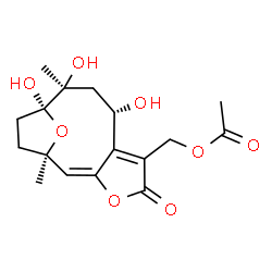 ChemSpider 2D Image | [(1R,2E,8S,10S,11S)-8,10,11-Trihydroxy-1,10-dimethyl-5-oxo-4,14-dioxatricyclo[9.2.1.0~3,7~]tetradeca-2,6-dien-6-yl]methyl acetate | C17H22O8