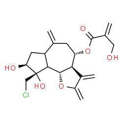 ChemSpider 2D Image | (3aR,4S,8S,9S,9bS)-9-(Chloromethyl)-8,9-dihydroxy-2,3,6-tris(methylene)dodecahydroazuleno[4,5-b]furan-4-yl 2-(hydroxymethyl)acrylate | C20H25ClO6