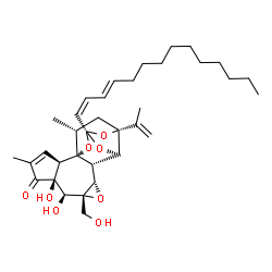 ChemSpider 2D Image | (1R,2R,6S,7S,8R,10S,11S,12R,14S,16R,18R)-6,7-Dihydroxy-8-(hydroxymethyl)-16-isopropenyl-4,18-dimethyl-14-[(1Z,3E)-1,3-tetradecadien-1-yl]-9,13,15,19-tetraoxahexacyclo[12.4.1.0~1,11~.0~2,6~.0~8,10~.0~1
2,16~]nonadec-3-en-5-one | C35H50O8