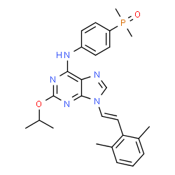 ChemSpider 2D Image | 9-[(E)-2-(2,6-Dimethylphenyl)vinyl]-N-[4-(dimethylphosphoryl)phenyl]-2-isopropoxy-9H-purin-6-amine | C26H30N5O2P