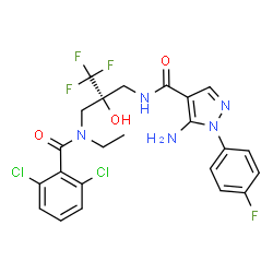 ChemSpider 2D Image | 5-Amino-N-[(2R)-2-{[(2,6-dichlorobenzoyl)(ethyl)amino]methyl}-3,3,3-trifluoro-2-hydroxypropyl]-1-(4-fluorophenyl)-1H-pyrazole-4-carboxamide | C23H21Cl2F4N5O3
