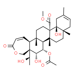 ChemSpider 2D Image | Methyl (5aR,6R,7S,7aS,7bR,9aS,13aS,13bS,15aS,15bS)-7-acetoxy-6,13a-dihydroxy-5a-(1-hydroxyethyl)-7b,9a,12,15a-tetramethyl-3-oxo-5,5a,6,7,7a,7b,8,9,9a,10,13,13a,14,15,15a,15b-hexadecahydrochryseno[2,1-
c]oxepine-13b(3H)-carboxylate | C32H46O9
