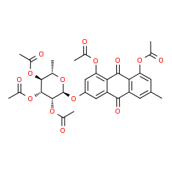 ChemSpider 2D Image | 3-Methyl-9,10-dioxo-6-[(2,3,4-tri-O-acetyl-6-deoxy-alpha-L-mannopyranosyl)oxy]-9,10-dihydroanthracene-1,8-diyl diacetate | C31H30O14