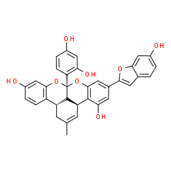 ChemSpider 2D Image | (3aS,8aR,13bS)-8a-(2,4-Dihydroxyphenyl)-6-(6-hydroxy-1-benzofuran-2-yl)-2-methyl-1,8a,13b,13c-tetrahydro-3aH-benzo[3,4]isochromeno[1,8-bc]chromene-4,11-diol | C34H26O8