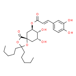 ChemSpider 2D Image | (5S,7R,8R,9R)-8,9-Dihydroxy-4-oxo-2,2-dipentyl-1,3-dioxaspiro[4.5]dec-7-yl (2E)-3-(3,4-dihydroxyphenyl)acrylate | C27H38O9