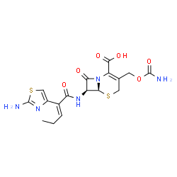 ChemSpider 2D Image | (6S,7S)-7-{[(2E)-2-(2-Amino-1,3-thiazol-4-yl)-2-pentenoyl]amino}-3-[(carbamoyloxy)methyl]-8-oxo-5-thia-1-azabicyclo[4.2.0]oct-2-ene-2-carboxylic acid | C17H19N5O6S2