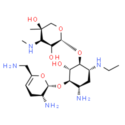 ChemSpider 2D Image | (1S,2S,3R)-4-Amino-3-{[3-amino-6-(aminomethyl)-3,4-dihydro-2H-pyran-2-yl]oxy}-6-(ethylamino)-2-hydroxycyclohexyl 3-deoxy-4-C-methyl-3-(methylamino)-L-glycero-pentopyranoside | C21H41N5O7