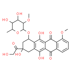 ChemSpider 2D Image | 3-Glycoloyl-3,5,12-trihydroxy-10-methoxy-6,11-dioxo-1,2,3,4,6,11-hexahydro-1-tetracenyl 6-deoxy-2-O-methylhexopyranoside | C28H30O13