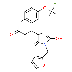 ChemSpider 2D Image | 3-[1-(2-Furylmethyl)-2,5-dioxo-4-imidazolidinyl]-N-[4-(trifluoromethoxy)phenyl]propanamide | C18H16F3N3O5