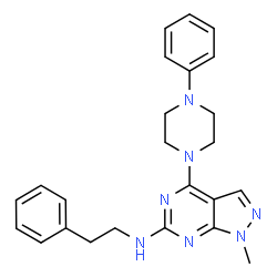ChemSpider 2D Image | 1-Methyl-N-(2-phenylethyl)-4-(4-phenyl-1-piperazinyl)-1H-pyrazolo[3,4-d]pyrimidin-6-amine | C24H27N7