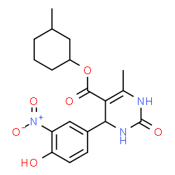 ChemSpider 2D Image | 3-Methylcyclohexyl 4-(4-hydroxy-3-nitrophenyl)-6-methyl-2-oxo-1,2,3,4-tetrahydro-5-pyrimidinecarboxylate | C19H23N3O6