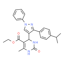 ChemSpider 2D Image | Ethyl 4-[3-(4-isopropylphenyl)-1-phenyl-1H-pyrazol-4-yl]-6-methyl-2-oxo-1,2,3,4-tetrahydro-5-pyrimidinecarboxylate | C26H28N4O3