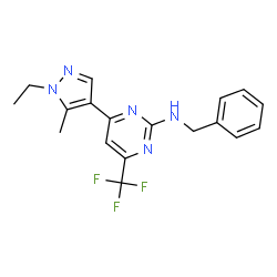 ChemSpider 2D Image | N-Benzyl-4-(1-ethyl-5-methyl-1H-pyrazol-4-yl)-6-(trifluoromethyl)-2-pyrimidinamine | C18H18F3N5