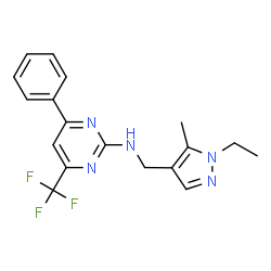 ChemSpider 2D Image | N-[(1-Ethyl-5-methyl-1H-pyrazol-4-yl)methyl]-4-phenyl-6-(trifluoromethyl)-2-pyrimidinamine | C18H18F3N5
