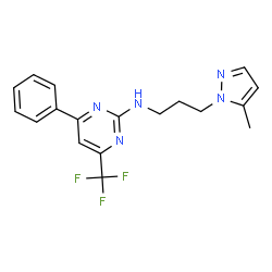 ChemSpider 2D Image | N-[3-(5-Methyl-1H-pyrazol-1-yl)propyl]-4-phenyl-6-(trifluoromethyl)-2-pyrimidinamine | C18H18F3N5