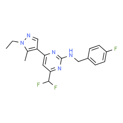 ChemSpider 2D Image | 4-(Difluoromethyl)-6-(1-ethyl-5-methyl-1H-pyrazol-4-yl)-N-(4-fluorobenzyl)-2-pyrimidinamine | C18H18F3N5