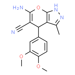 ChemSpider 2D Image | 6-Amino-4-(3,4-dimethoxyphenyl)-3-methyl-1,4-dihydropyrano[2,3-c]pyrazole-5-carbonitrile | C16H16N4O3