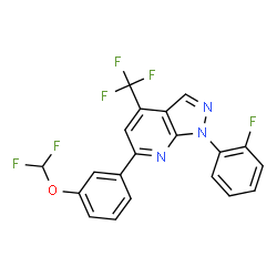 ChemSpider 2D Image | 6-[3-(Difluoromethoxy)phenyl]-1-(2-fluorophenyl)-4-(trifluoromethyl)-1H-pyrazolo[3,4-b]pyridine | C20H11F6N3O